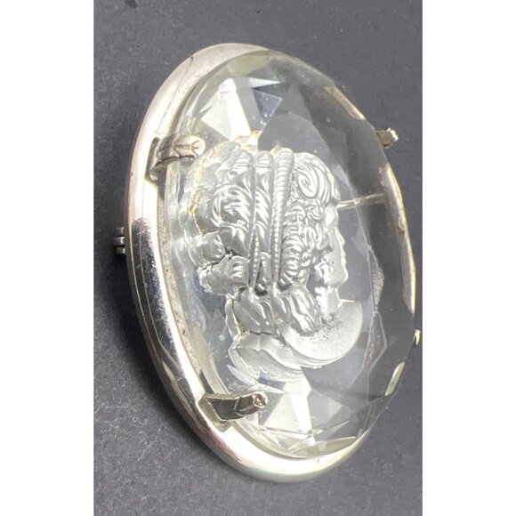Vintage Warner Cameo Brooch Pin Intaglio Faceted Glass Silver Tone Signed 2X1.5" - Picture 5 of 11